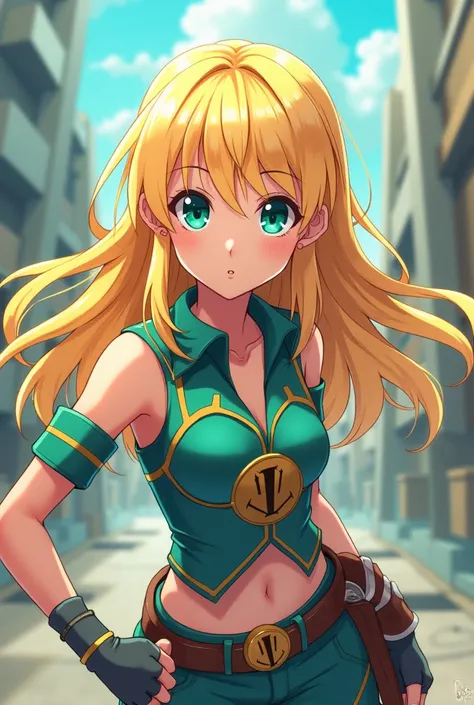 Blonde girl with aqua green eyes from anime with UA hero academy clothes