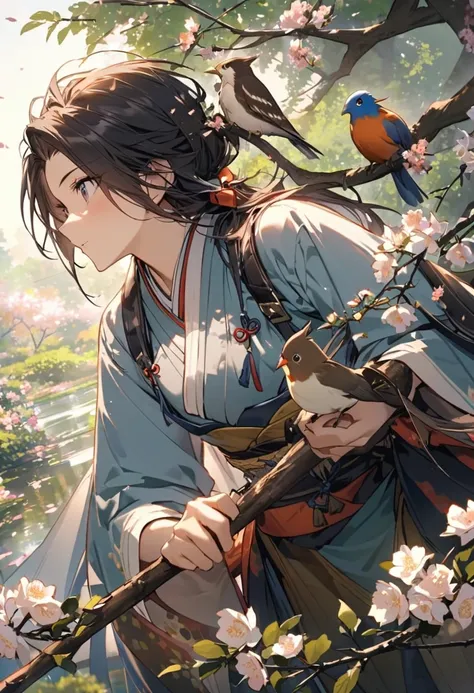 In the Japan garden、A scene where a warrior is gazing at a cuckoo。The cuckoo is perched on a branch、It doesn&#39;t ring easily。The general crosses his arms impatiently,、There is a sharp light in his eyes。Behind him is a beautiful garden.、There&#39;s a sens...