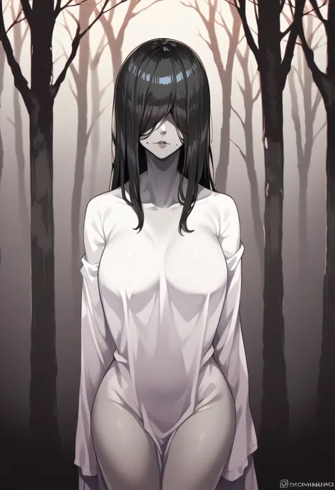 ((work of art)), (best quality), (an absurdity), black hair, yamamura_sadako, white dress, (gray skin), hair over the eyes, cove...