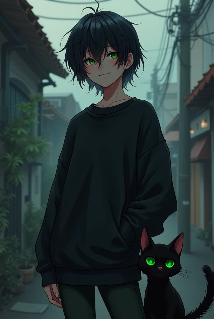 An anime with black hair, a black sweatshirt and a black cat with green eyes