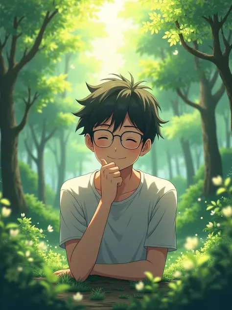 anime　male　Glasses　Close your eyes and smile　Keep your chin up.　Early 30s　Hair covering the eyes　In the shining forest　Breathing in the air with relish