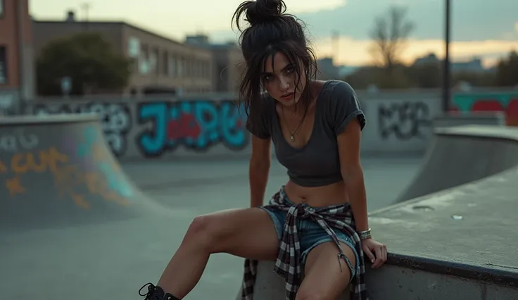 Under the graffiti-splashed walls of an abandoned skate park, the woman leans against a worn-out ramp, her dark, shoulder-length hair messily tied into a loose bun, with rebellious strands framing her face. She’s dressed in a cropped, faded band tee and ri...