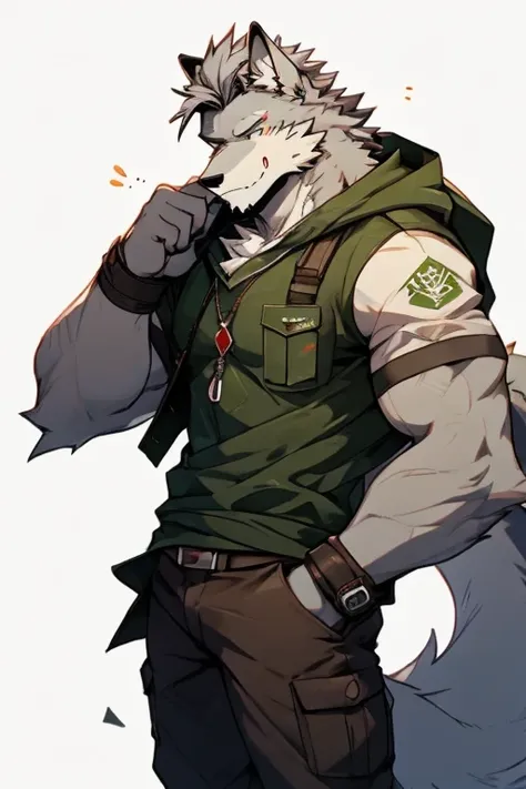 a top and right side body picture of a very muscular furry style gray wolf. he is wearing full green soldier military outfit. he...