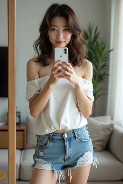 Selfie Style、Woman taking a selfie in front of a mirror。Young fair-skinned Japanese woman、Medium Long Hair、Slightly curly hair、Off-the-shoulder white tank top、Distressed denim shorts。The background is the living room。Selfie style。