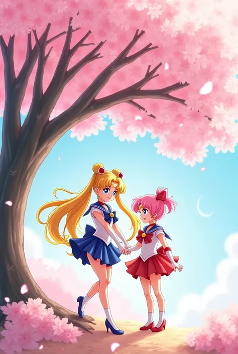 Anime SailorMoon and SailorChibiMoon under a cherry blossom tree 