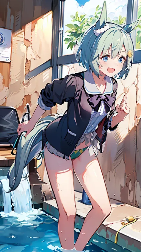 masterpiece, Best Quality, High resolution, Very detailed,(((Seiun Sky))), (((Horse Girl))), (((Poolside)))、(((Laughing out loud。)))、(((Standing at a distance))), (((Facing forward。))), night, (((Tile wall))), (((window))), (((Panty shot。))), (((Black unde...