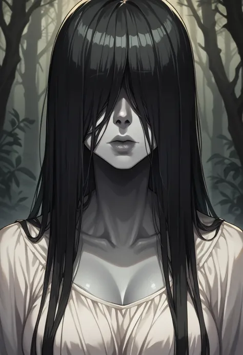 ((work of art)), (best quality), (an absurdity), black hair, yamamura_sadako, white dress, (gray skin), hair over the eyes, cove...