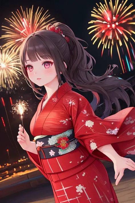 beautiful detailed girl,  girl, dark crimson eyes, shining eyes, perfect eyes, yukata, fireworks, masterpiece, top quality, supe...