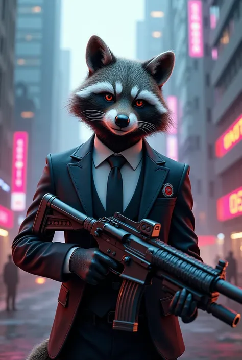 Araffe, dressed in a suit and tie, holds a gun in the city, Wojtek fus, anthropomorphic серый raccoon, Ракетный raccoon, raccoon in formal blue clothes, raccoon holding a laser gun, raccoon, Ross Tran 8 K, Stunning 8K character concept art, anthropomorphic...