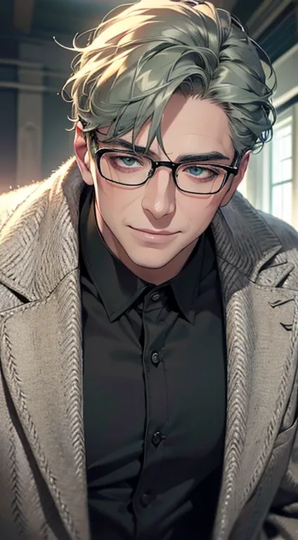 (best quality,4k,8k,highres,masterpiece:1.2),ultra-detailed,(realistic,photorealistic,photo-realistic:1.37),cinematic lighting,hdr image,beautiful mature man,extremely detailed handsome face,short grey green hair,blue eyes,beautiful smile,buttoning jacket,...