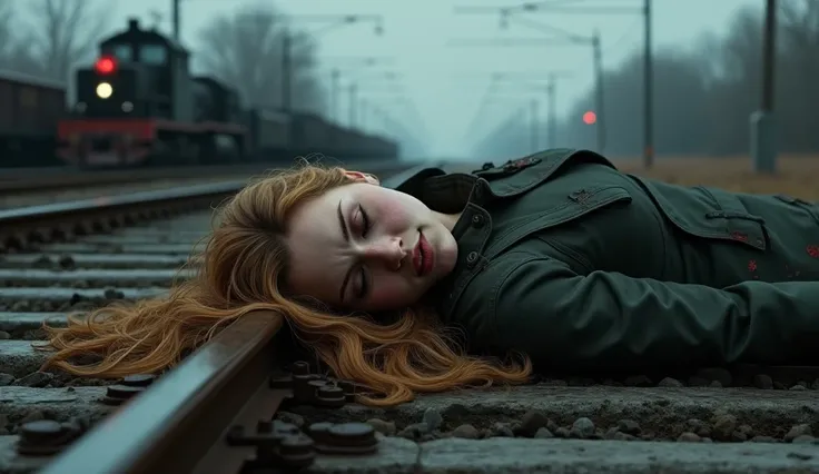 (masterpiece, best quality:1.2),
(8K, ultra-detailed, hyper-detailed, RAW photo quality, Unreal Engine rendering:1.3),
(golden-haired woman lying on the train tracks, barely conscious after surviving a train crash:1.5),
(her hair sprawled across the cold, ...