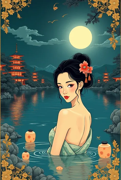 Style illustratif de Moebius. Lac apaisant. Multiples lanternes japonaise. Plusieurs pagodes au loin illuminé. Pleine lune captivant et lumineuses. ying yang. fantaisie. éthéré. Bordure dorée. Dessin au trait. japonais. Traditionnel. ancien. élégant. chic....