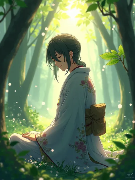 anime　kimono　male　Glasses　Long hair covers the eyes　In the shining forest　Close your eyes and smile