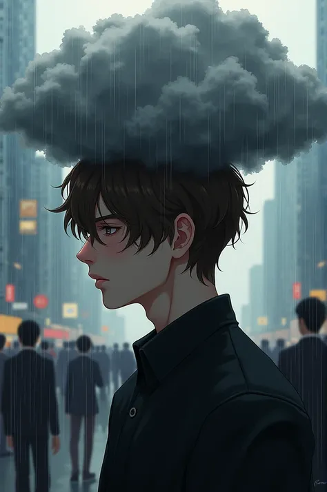 a hot beautiful man being sad and is showing the emotion sadness wearing a long face with beautiful brown wavy long hair and a nice anime face having a rainy cloud on top of his head in a place full of happy and sad people