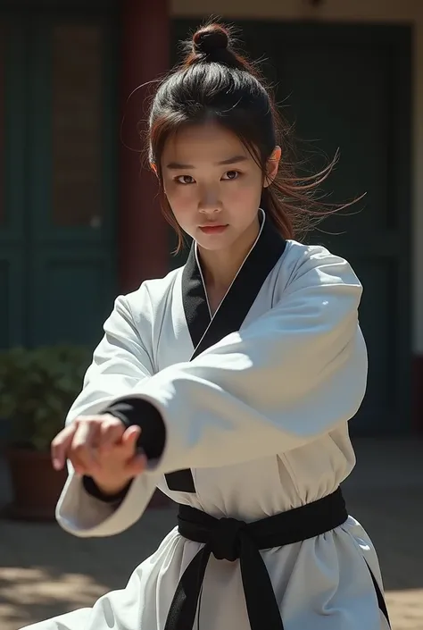 A woman training taekwondo, demonstrating martial art kicks, dressed in a white dobok with a black collar and black belt, detailed facial features, strong and powerful poses, dynamic action, high contrast lighting, cinematic composition, vibrant colors, dr...