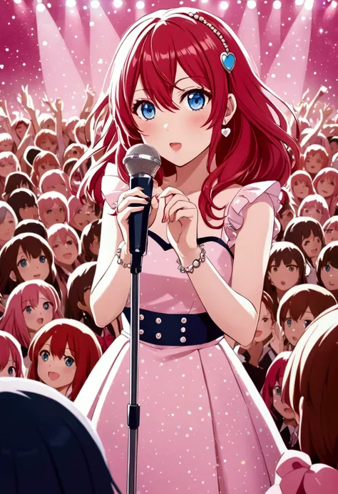 An album cover of a pink background with sparkles and hearts with a anime girl with red hair and blue eyes holding a heart shaped microphone and performing in front of a crowd 