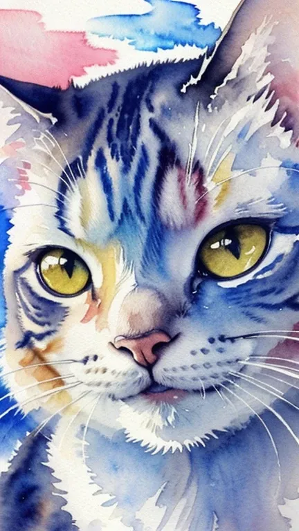 wtrcolor style, digital art of (Cat character), official art, front, smile, masterpiece, beautiful, ((watercolor)), face painting, ink splash, intricate details. Very detailed eyes, [drip:0.5], trend in Artstation, Rachel Walker