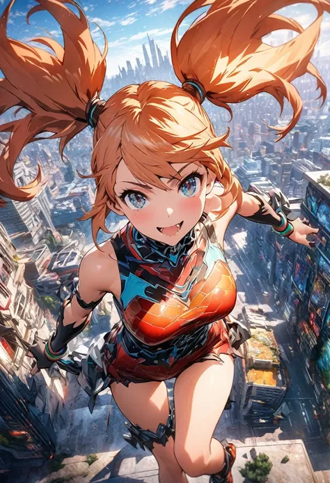 masterpiece, best quality, extremely detailed CG unity 8k wallpaper, A gal with twin tails. Unusual fashion. The background is a cityscape lined with buildings. Octane rendering style. 2.5D art.