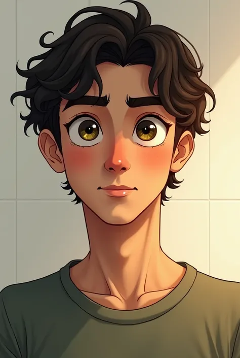 man. Medium Structure. 1,70m. Endomorfo. Brown Green Eyes. Semi-Realism. Very Curly Hair. Not So Short Hair. dark brown hair. serene gaze. Calm gaze. Calm Aura. Determined. trusting. casual wear. Eyebrows Done. no beard. Young. Wide Face