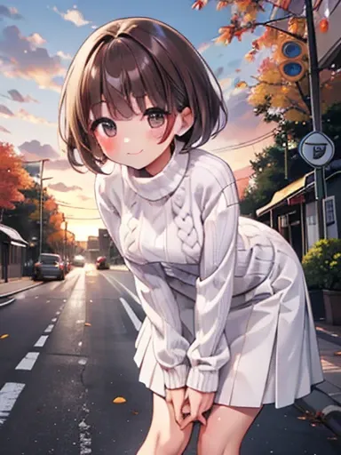 ((Highest quality, High resolution,  Perfect Pixel,  4K)),  (Beautiful Anime Girls), Depth of written boundary、
looking at viewer, 

short hair, Baby Face、Detailed eyes、Round face、he is short、
 
Brown Hair、(Brown Skin:1.5)、

(sunset),(autumn leaves), stree...