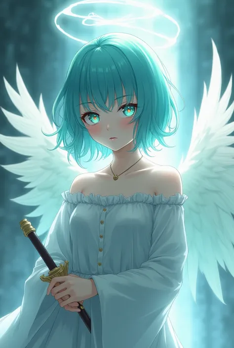 Anime young angel women with follow points:
-has no wings
-more than two eyes
-has a  halo
-attire: turquise top
-short hair
-is a neutral character
-melee weapon