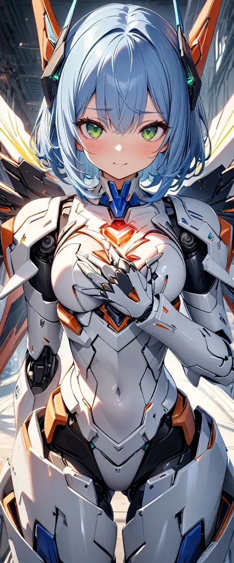 Best Quality, masterpiece, Ultra-precision, Very delicate 8k wallpaper, Robot Girl, (Long Blue Hair), (White mechanical armor), (Green Eyes), (Mechanical Sharp Headgear), (Shoulder-mounted mechanical wings), A shining core in the center of my chest, (Mecha...