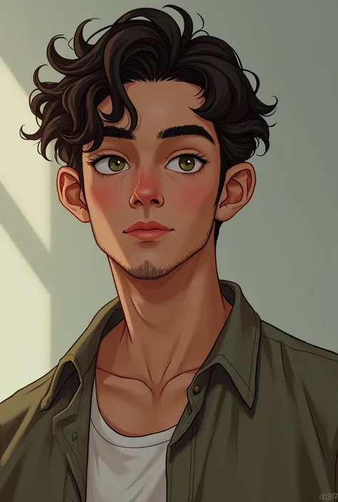 man. Medium Structure. 1,70m. Endomorfo. Brown Green Eyes. Semi-Realism. Very Curly Hair. Not So Short Hair. dark brown hair. serene gaze. Calm gaze. Calm Aura. Determined. trusting. casual wear. Eyebrows Done. no beard. Young. Wide Face. thick lips