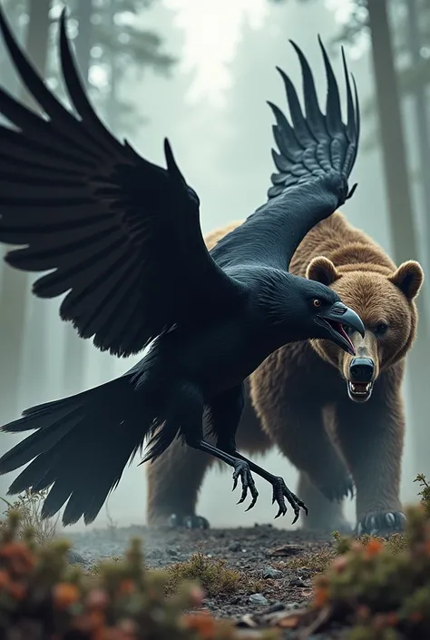 Crow aggressive attacks bear