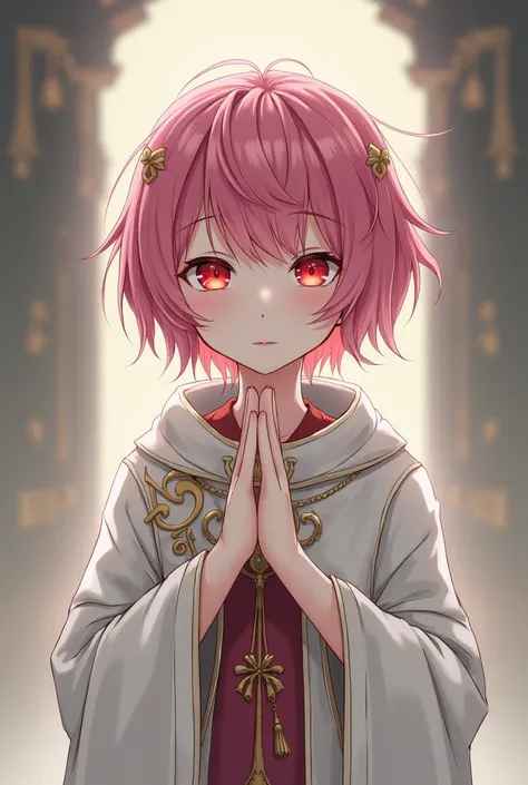  girl with short pink hair and red eyes in religious cloths in drawing style