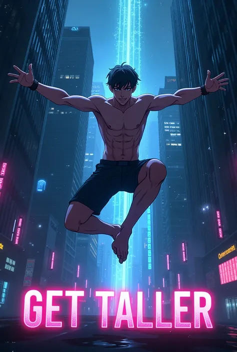 
Create an eye-catching ebook cover titled ‘Get Taller: AI Method’ featuring a dynamic anime-style male character. The character should be depicted in an action pose, stretching or leaping against a dark, atmospheric background filled with futuristic city ...