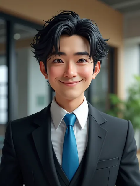 A man with photorealistic realism。Japanese in their 30s、Black Hair。Right-leaning center part。Hair length medium hair。Hair naturally flowing back。Eyebrows are thin and strong。The eyes are clearly double-lidded。The nose is not too high。Your lips are rosy。Ove...