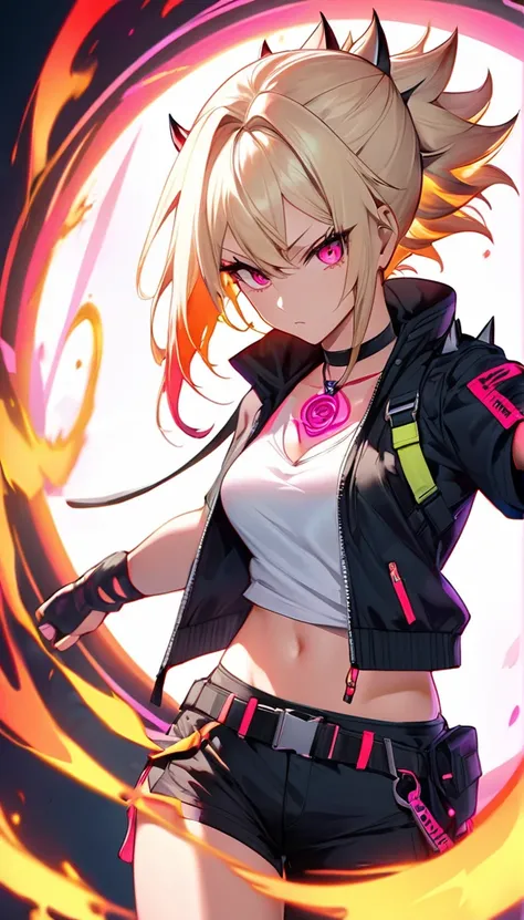 Create a fierce and dynamic anime warrior who embodies raw energy and rebellious spirit. She has short, spiky platinum-blonde hair with neon highlights that glow faintly, reflecting the energy swirling around her. Her intense crimson eyes are locked onto h...