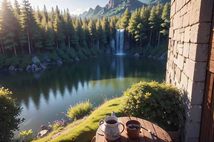 Quiet place, Great fun, beautiful, calm and beautifully landscaped. Realistic, 8K Ultra HD, Studio Quality, Ultra-realistic, 最大のdetailed, Large scale, Post-processing, Realistic, Realistic, Photoshop, photograph, detailed, Cinema Lighting, landscape, Panor...