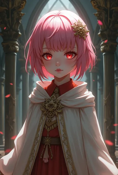  girl with short pink hair and red eyes in religious cloths 
