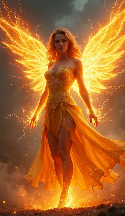 Close-up of a woman with electricity and lightning on her body, With flaming golden wings of thunder, With flaming golden wings, Epic fantasy art style, Concept Art | Art Gelm, Phoenix Warrior, extremely detailed Art Gelm, Epic fantasy digital art style, M...