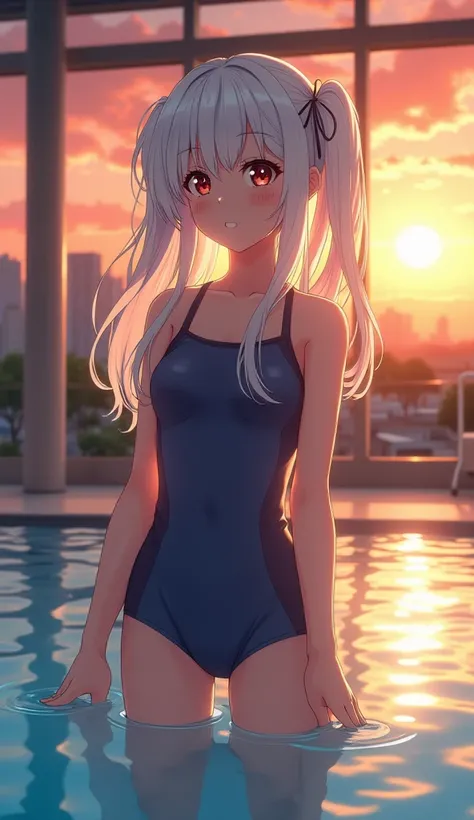 masterpiece, Best Quality, High resolution, Very detailed,(((White Hair Girl))), (((Japanese Anime))), (((School Swimsuit))), (((School swimsuit))), (((sunset))), (((Cityscape))), (((School swimming pool))), (((window)))