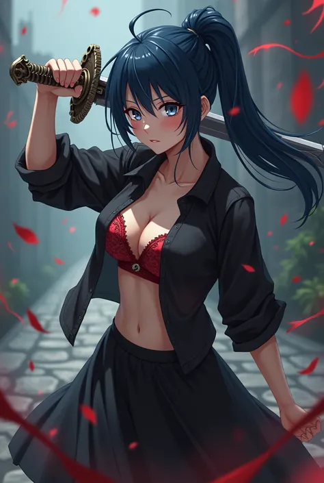 Anime adult woman, dark blue hair with poneytail, detailled grey eyes, open lace black shirt revealing breasts and lace red bra, black skirt, has a two-handed longsword in hands, the sword slashes