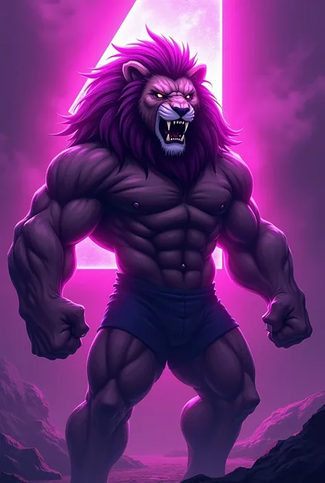 Purple number 4 with muscular arms and lion face representing courage. 