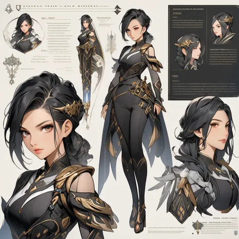 Fantasy female character, Epic fantasy theme, Portrait and full-body and weapon design, Character Design Sheet, assymetric outfit design