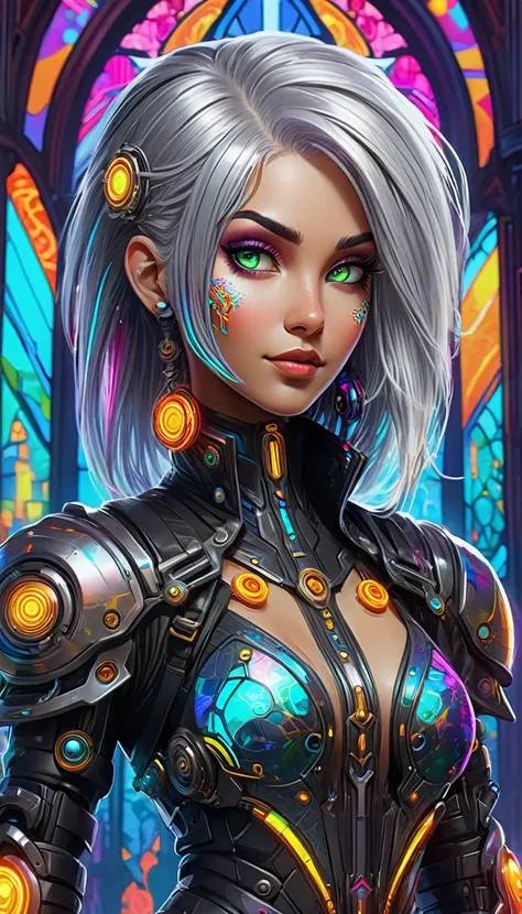 Create a digital artwork of a female stempunk character with silver hair, adorned with colorful neon and intricate cybernetic enhancements. The character is set against a vibrant backdrop, illuminated by neon, reminiscent of a high-tech cathedral with stai...