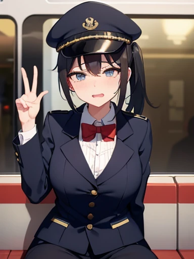 女性conductor、conductor、station員、女性のstation員、女性のUniform cap、Uniform cap、ponytail、Black Hair、pants、station、train、tits、Spread your legs、Ahegao、Sexy face