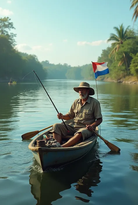 Fisherman in the Parana River sport fishing Paraguay flag 