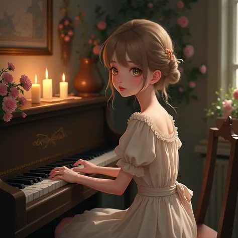 Soft and romantic girl, symbolizing romance. She is wearing a vintage dress with lace., pastel colors, hair gathered in a soft hairstyle. She sits at an antique piano in a cozy room with soft lighting., the surrounding environment is filled with candles an...