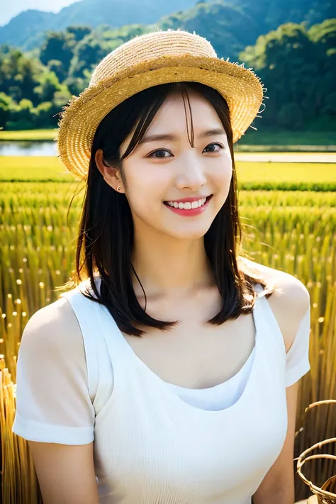 A detailed image of beautiful Japanese actress Holding harvested ears of rice, wearing a farm work clothes ,a white tank top, farmer boots,Straw hat, towel around neck, looking away, smiling eyes(ulzzang-6500-v1.1:1.0),looking back, Low - Angle, short slee...