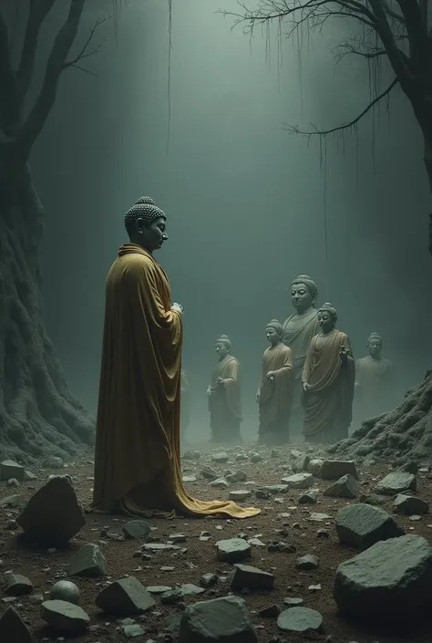 Buddha seeing thousands of his broken statues 