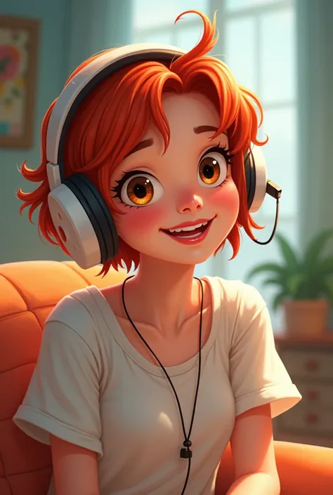 Create a Disney-style artwork of a female gamer with short, red hair, brown eyes, piercing no nariz e um headphone branco na cabeça