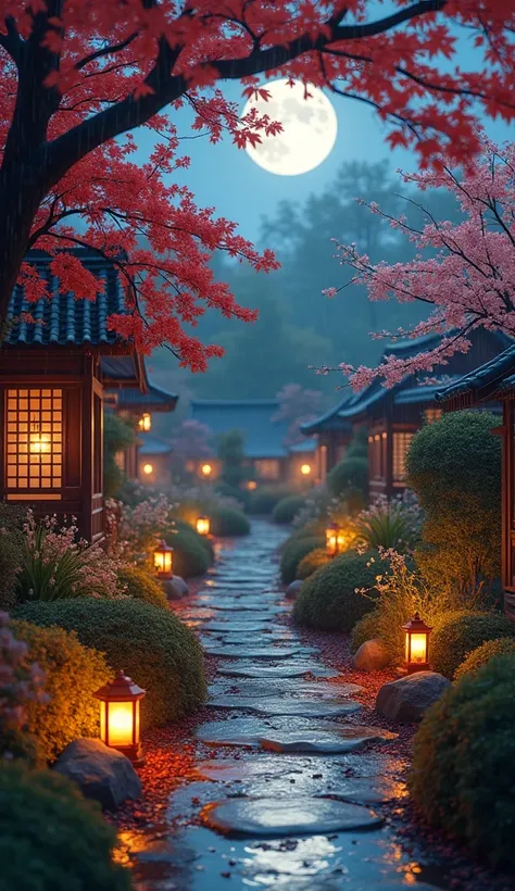 visual image or photograph,long shot photo,moonlit night ,highlight the depth of field and quality, conveying a sense of happiness and a good life despite the rainy weather season, autumn season,graden, lantern light,rain drops,tree flower.