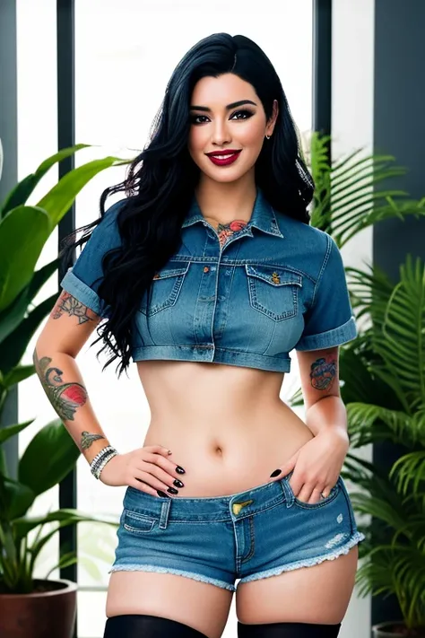 blurry, depth of field, blurry foreground, tattoo, navel piercing, blurry background, photo (medium), piercing, 1girl, nail polish, hand on hip, plant, hands on hips, potted plant, palm tree, smile, navel, long hair, solo, jewelry, denim, grin, arm tattoo,...