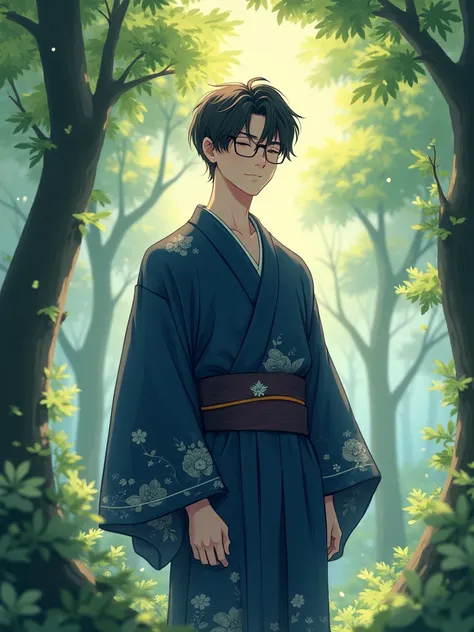 anime　Navy blue kimono　male　Glasses　In the shining forest　Close your eyes and smile