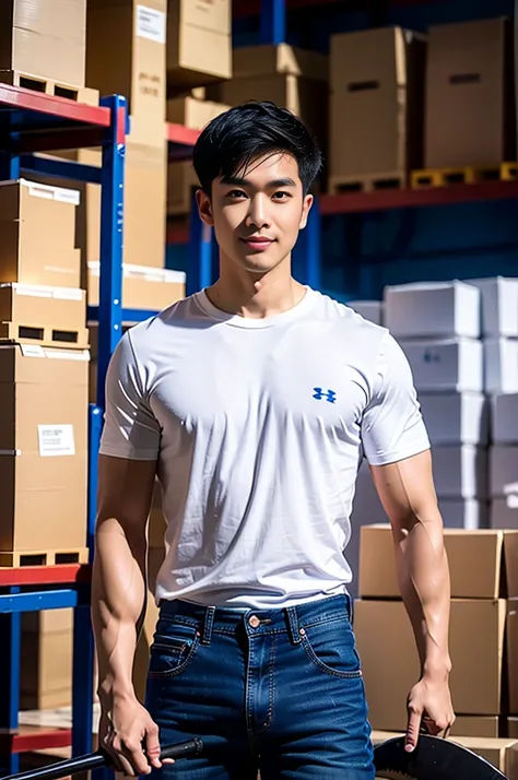 1 man, smile, (Wear a white round neck shirt., short sleeve shirt ยี่ห้อ under armor), (Jeans), (Korean guy) , korean men, (Lifelike lighting), chest muscles, Big arm muscles, blood vessel, big muscles, Broad shoulders, looking at the audience, Balancing t...